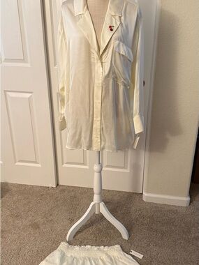Anthropologie Ivory Satin Button-Up Pajama Top with Fruit details
